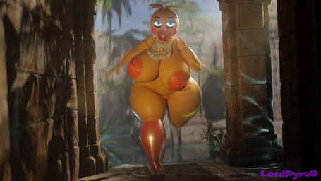 anthro areola beak bib big_areola big_breasts blue_eyes blush blush_stickers breasts clothing female genitals glowing glowing_eyes huge_breasts ineffective_clothing machine navel nipples nude nude_anthro nude_female open_mouth orange_areola orange_nipples outside ruins running running_towards_viewer solo text thick_thighs vulva yellow_body lpyro9 mipsmiyu_(modeler) five_nights_at_freddy's five_nights_at_freddy's_2 scottgames toy_chica_(fnaf) animatronic avian bird chicken galliform phasianid robot 16:9 2024 3d_(artwork) artist_name digital_media_(artwork) hi_res widescreen