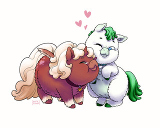 balls barely_visible_balls barely_visible_genitalia blue_eyes brown_body brown_fur brown_hooves collar collar_only collar_tag duo eyes_closed female feral fur genitals green_hair green_hooves green_tail hair heart_collar_tag heart_symbol hooves leg_markings looking_at_another male markings mouth_closed nude on_hind_legs one_eye_closed simple_background smile socks_(marking) tail text white_background white_body white_fur white_hair white_tail young young_female young_feral young_male awfulfawn fluffy_pony fluffy_pony_(species) mammal 2025 absurd_res artist_name digital_media_(artwork) hi_res