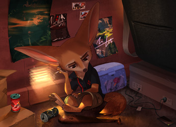 anthro barefoot baseball_bat bat_(object) big_ears bottomwear can cellphone cigarette claws clothed clothing container electronics feet fully_clothed fur holding_cigarette holding_object light light_beam male pawpads phone poster shirt shorts sitting smoke solo sunbeam sunlight tan_body tan_fur toe_claws topwear relaxablefur disney zootopia finnick_(zootopia) canid canine fennec_fox fox mammal true_fox 2021 hi_res lighting signature