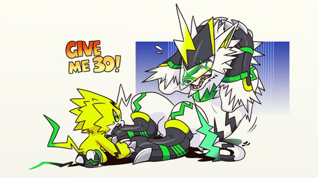 anthro armor duo exercise fangs feral fur headgear helmet horn male sit-up striped_body striped_fur stripes teeth text visor white_body white_fur yellow_body dahecksajerry bandai_namco digimon digimon_(species) pulsemon runnermon english_text