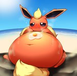 2022 ambiguous_gender beach belly big_belly bodily_fluids cooking cooking_with_body eeveelution egg feral flareon generation_1_pokemon hi_res mammal nintendo obese obese_feral overweight overweight_feral pokemon pokemon_(species) ravinosuke1 seaside solo sweat