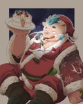 anthro blue_hair brown_body brown_fur cake christmas_clothing christmas_headwear clothing dessert duo female food fur hair hat headgear headwear holidays male micro overweight santa_hat tusks nunutaro3 christmas lifewonders tokyo_afterschool_summoners ganglie_(tas) human mammal suid suina sus_(pig) wild_boar absurd_res hi_res