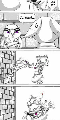 angry anthro clothed clothing dialogue ears_back ears_down female frown fur green_eyes grumpy heart_symbol kissing male open_mouth pivoted_ears purple_eyes speech_bubble text missmikopete disney zootopia judy_hopps nick_wilde canid canine fox lagomorph leporid mammal rabbit red_fox true_fox comic english_text restricted_palette