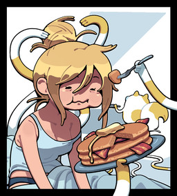 ambiguous_gender anthro bacon bedding blanket blonde_hair breasts butter cleavage clothed clothing cooking cutlery dairy_products duo eating eating_food feeding female food fork hair human_focus kitchen_utensils meat pancake panties plate shirt sitting tail tank_top tools toony topwear underwear discount-supervillain adventure_time cartoon_network fionna_and_cake fionna_and_cake_(franchise) cake_the_cat fionna_the_human domestic_cat felid feline felis human mammal