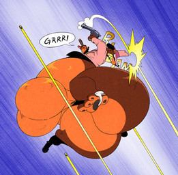 anthro balls belly big_balls big_belly big_butt bottom_heavy bottomless bottomless_anthro bottomless_male bullet butt cigar clenched_teeth clothed clothing fangs fur genitals gun gun_smoke handgun hat headgear headwear holding_cigar holding_gun holding_object holding_ranged_weapon holding_weapon low-angle_view male pistol ranged_weapon smoke solo sound_effects speech_bubble tail teeth text topwear weapon nondelismell reagan700 disney who_framed_roger_rabbit smarty_weasel mammal mustelid musteline true_musteline weasel 2026 artist_collaboration hi_res