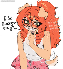 anthro big_glasses choker clothing drill_curls eyewear female floppy_ears freckled_face freckled_shoulders freckles fur glasses green_eyes grin hair jewelry looking_at_viewer necklace orange_hair pajama_pants ponytail round_glasses shirt smile solo submissive submissive_female tail tail_motion tailwag tan_body tan_fur tank_top teeth topwear wearing_glasses kuru_tyan kuru_(kuru_tyan) canid canine canis domestic_dog mammal hi_res