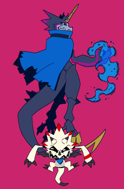 anthro black_body black_claws black_sclera blade blue_fire cape chibi claws clothing colored_fire duo evolution facial_horn fire horn male nose_horn pink_background simple_background stinger tail tail_blade toony weapon_tail white_body wings wishawitchh bandai_namco digimon digimon_ghost_game ceratopsian digimon_(species) dinosaur gammamon gulusgammamon ornithischian prehistoric_species reptile scalie hi_res
