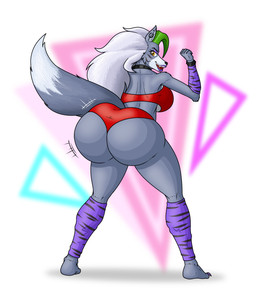 anthro big_breasts big_butt bra bracelet breasts bubble_butt butt butt_focus clothing collar ear_piercing female fluffy fluffy_tail fur green_hair grey_body hair huge_butt jewelry lipstick makeup multicolored_body multicolored_fur panties piercing purple_clothing red_bra red_clothing red_panties red_underwear shaking_butt solo stripes tail thick_thighs twerking underwear white_hair yellow_eyes aregularblueslime five_nights_at_freddy's five_nights_at_freddy's:_security_breach scottgames steel_wool_studios roxanne_wolf canid canine canis mammal wolf 2024 digital_media_(artwork) hi_res
