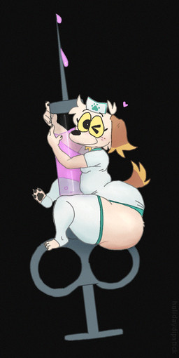 3_toes 4_fingers ahoge ambiguous_fluids anthro belly big_butt big_eyes biped black_background black_nose black_pawpads blush brown_ears brown_tail butt butt_tuft clothed clothing dress dripping exposed_butt eyelashes feet femboy fingernails fingers floppy_ears fluffy_ears freckled_face freckles fur hair headgear headwear heart_symbol huge_butt huge_thighs hyper hyper_butt hyper_thighs ineffective_clothing legwear male medical_instrument medical_syringe micro nails nurse_clothing nurse_headwear one_eye_closed panties pawpads paws pink_liquid plantigrade pupils scientific_instrument side_view simple_background sitting_on_object smile snout solo stockings syringe tail tan_body teal_clothing teal_panties teal_underwear thick_thighs thigh_highs tight_clothing toes topwear tuft underwear white_clothing white_legwear white_stockings white_topwear wide_hips wink yellow_sclera conditional_dnp holidaydipstick hollie_(holidaydipstick) canid canine canis domestic_dog mammal 2024 digital_media_(artwork) full-length_portrait portrait shaded watermark nonbinary_(lore)