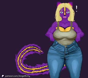 anthro big_breasts blonde_hair blue_eyes breasts curvy_figure female fur hair larger_female markings purple_body purple_fur size_difference skunk_stripe solo striped_body striped_fur striped_markings striped_tail stripes tail tail_markings thick_thighs voluptuous voluptuous_female wide_hips yellow_body yellow_fur angel_kiitty victoria_von_werner_(angelkiitty) mammal mephitid skunk hi_res