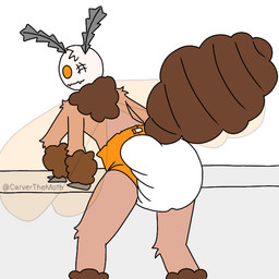 1_eye 4_arms ankle_tuft antennae_(anatomy) anthro arm_tuft arthropod_abdomen bent_over clean_diaper clothed clothing diaper facial_scar fur head_tuft leaning leaning_forward leg_tuft looking_at_viewer looking_back male multi_arm multi_limb neck_tuft orange_diaper orange_eyes rear_view scar simple_background solo standing tan_body tan_fur text tuft wearing_diaper wings wrist_tuft carverthemoth arthropod insect lepidopteran moth 1:1 2026 artist_name colored digital_drawing_(artwork) digital_media_(artwork) portrait watermark