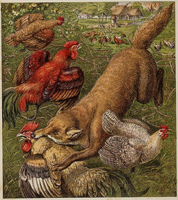 attack beak biped bite border brown_body brown_fur detailed_background feathered_wings feathers female feral fur group male multicolored_body multicolored_feathers neck_bite nude open_beak open_mouth outside plant quadruped red_body red_feathers tail tail_feathers tree wings unknown_artist public_domain chanteclere reynard_the_fox avian bird canid canine chicken fox galliform mammal phasianid red_fox true_fox 1871 19th_century ancient_art traditional_media_(artwork)