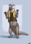 brown_body brown_fur featureless_crotch female feral fur life_jacket lifeguard looking_at_viewer on_hind_legs simple_background smile smiling_at_viewer solo standing_upright yellow_eyes cosmiclife mammal mustelid otter hi_res