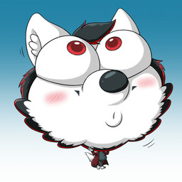 anthro black_nose blush cheek_tuft clothed clothed_anthro clothed_male clothing facial_tuft gradient_background head_inflation hyper inflation inner_ear_fluff male red_eyes simple_background solo tail tuft white_inner_ear_fluff white_tail peketope mammal 1:1 2025 hi_res