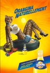 advertisement anthro biped bottomwear clothed clothing denim denim_clothing felid female ffl_paris footwear french_text high_heels legs_up leopard looking_at_viewer mammal midriff official_art orangina pantherine pose shoes shorts skimpy solo tail text tools translated wrench