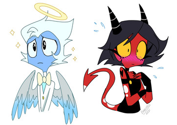 back_wings black_hair blue_body blue_hair blue_skin blush blush_lines bodily_fluids bow_tie duo eyelashes feathered_wings feathers female freckled_face freckles hair halo horn long_eyelashes male red_body red_skin simple_background spade_tail sparkles sweat sweatdrop tail wings emositecc hellaverse helluva_boss millie_(helluva_boss) moxxie_(helluva_boss) angel angel_humanoid demon demon_humanoid humanoid imp colored