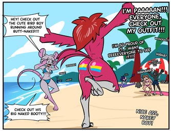 anthro beach big_butt bikini bikini_bottom biped blush bodypaint breasts butt clothed clothed/nude clothing exhibitionism female female_anthro femboy group lgbt_pride male male_anthro nude only_one_nude outdoor_nudity outside pansexual_pride_colors pride_colors public public_nudity smile streaking swimwear text two-piece_swimsuit undressing y_shaped_butt_crack birbpan lgbt_pride_month pan_(birbpan) trish_(birbpan) avian mammal murid murine rat rodent absurd_res english_text hi_res trans_(lore) trans_woman_(lore)