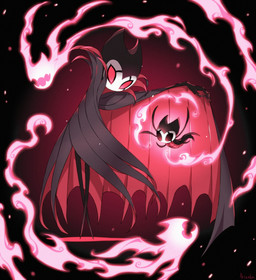 2_horns ambiguous_gender biped cloak clothed clothing duo fingers fire horn red_eyes standing arizuka00 hollow_knight_(franchise) team_cherry grimm_(hollow_knight) grimmchild_(hollow_knight) arthropod 2019 hi_res