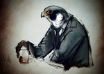 anthro beak clothed clothing feathers glass holding_glass holding_object jacket male necktie shirt solo topwear skia chicken_police filmar_low accipitrid accipitriform avian bird falcon falconid 2021 half-length_portrait portrait signature