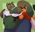 anthro belly belly_grab blush clothed clothing clothing_lift duo grope hug male male/male moobs navel obese obese_anthro obese_male overweight overweight_anthro overweight_male shy simple_background smile chub-united canid canine chinchilla chinchillid fox mammal rodent 2021 hi_res