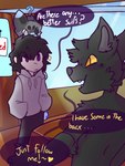 3:4 animate_inanimate anthro canid canine canis clothed clothing darkcoat_azan digital_media_(artwork) duo english_text fur hair hanger human living_clothing male mammal open_mouth outline skyl4378 skyl_(skyl) speech_bubble store text wolf