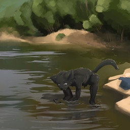 anthro balls bathing black_body black_fur blue_eyes crouching flaccid foreskin fur genitals male nude nude_anthro nude_male penis river shota small_penis solo young young_anthro young_male dakkawoof dakka canid canine canis mammal wolf 1:1 2023 absurd_res hi_res