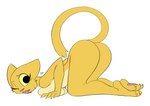 anthro ass_up breast_squish breasts butt female fur kneeling one_eye_closed pawpads pink_tongue simple_background solo squish tongue yellow_body yellow_fur yellow_sclera zokva microsoft prequel_adventure the_elder_scrolls katia_managan felid khajiit mammal 2021 colored