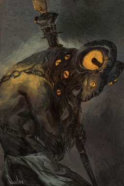 fur horizontal_pupils horn pupils solo staff unusual_anatomy unusual_eye_placement yellow_eyes qostine elden_ring elden_ring_nightreign fromsoftware libra_creature_of_night bovid caprine goat mammal absurd_res colored hi_res painting_(artwork)