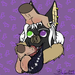 ambiguous_gender anthro black_body black_fur bodily_fluids drooling duo erection fangs fur genitals green_eyes hair heterochromia holding_head huge_lips human_on_anthro humanoid_genitalia humanoid_penis hyper hyper_lips interspecies lips male male/ambiguous open_mouth oral penis purple_eyes saliva sex simple_background solo_focus teeth thick_bottom_lip thick_lips tongue white_hair bludermaus bludermaus_(character) bat human leaf-nosed_bat mammal microbat vampire vampire_bat yangochiropteran 1:1 2018 digital_drawing_(artwork) digital_media_(artwork)