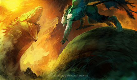 abstract_background ambiguous_gender armor black_nose black_pawpads claws cloak clothing cloud dagger duo fangs feral fight fur green_body green_scales male melee_weapon open_mouth pawpads roaring running sash scales simple_background sky spines splash tail tail_tuft teeth tongue tuft water weapon whiskers white_body white_fur yellow_sky yellow_tongue centradragon mythology dragon felid mammal mythological_creature mythological_scalie pantherine scalie tiger 2013 hi_res