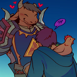 anthro armor beak belt blush broken_horn brown_body brown_fur clothed clothing duo eyes_closed female fur gloves grey_hair hair handwear heart_symbol hoodie horn human_on_anthro interrobang interspecies larger_female male male/female pauldron purple_hair shirt simple_background size_difference smaller_male smile standing tabard topwear thatsoggybread blizzard_entertainment stardew_valley warcraft manitka_storm shane_(stardew_valley) avian bird bovid bovine cattle chicken galliform human mammal phasianid tauren 1:1 2020 digital_media_(artwork) nonbinary_(lore)