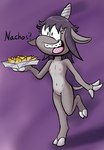 1_horn 3_fingers anthro braces conjoined_eyes dialogue eyelashes female fingers flat_chested food fur genitals grey_body grey_fur hair holding_food holding_object hooves horn innie_pussy nachos navel nipples nude on_one_leg open_mouth purple_hair pussy simple_background solo standing tail teeth text tongue young young_anthro young_female unknown_artist corn_kidz_64 alexis_(corn_kidz_64) bovid caprine goat mammal english_text hi_res