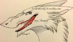 blue_eyes fur looking_back sharp_teeth simple_background solo teeth text white_background white_body white_fur scarlettwolf24 ex sergal url