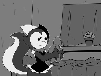 3_fingers anthro cave clothed clothing collar dialogue duo female fingers forest hoard holding_object inside pie_cut_eyes plant plushie shortstack text trash tree winged_arms wings whygena evelyn_(whygena) bat kobold mammal reptile scalie 2d_animation 4:3 animated english_text