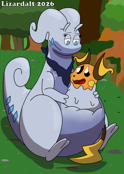 absorb absorbing absorption_vore damaged_clothing duo endosoma female feral forest forest_background male male/female plant relaxed_expression safe_vore scarf sculpting tree vore worried lizarddude812 nintendo pokemon generation_1_pokemon generation_6_pokemon goodra pokemon_(species) raichu hi_res