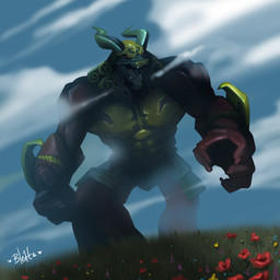 2_horns anthro biped clothed clothing flower horn male muscular muscular_anthro muscular_male open_mouth plant solo topless topless_anthro topless_male bleats jackie_chan_adventures dai_gui demon 1:1 2017 colored hi_res signature