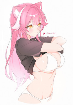 belly big_breasts bikini black_clothing black_shirt black_topwear breasts clothed clothing clothing_lift ear_tuft female hair navel pink_ears pink_hair shirt shirt_lift simple_background solo swimwear text topwear tuft two-piece_swimsuit white_background white_bikini white_clothing white_swimwear yellow_eyes deermiko hololive hololive_en vtuber raora_panthera animal_humanoid felid felid_humanoid humanoid mammal mammal_humanoid pantherine pantherine_humanoid absurd_res artist_name hi_res