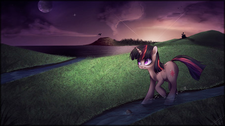 building cloud cutie_mark detailed_background female feral fur grass hair horn house moon multicolored_hair outside plains plant purple_body purple_fur purple_hair quadruped solo star sunset tail two_tone_hair volcano water imalou friendship_is_magic hasbro my_little_pony mythology twilight_sparkle_(mlp) dragon equid equine mammal mythological_creature mythological_equine mythological_scalie scalie unicorn 16:9 2012 hi_res widescreen