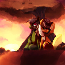 apple blonde_hair brown_hair clothing cowboy_hat duo female food fruit fur green_body green_eyes green_fur hair hat headgear headwear male open_mouth outside plant red_eyes sun sunset tree wood yellow_body yellow_fur kohtek friendship_is_magic hasbro my_little_pony applejack_(mlp) fan_character intrelody earth_pony equid equine horse mammal pony 1:1 2012 hi_res warm_colors