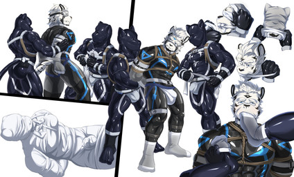 anthro bdsm bulge clothing dominant dominant_male group latex latex_clothing latex_skinsuit male male/male muscular muscular_male sealed skinsuit tight_clothing trio tendmoon felid feline humanoid mammal absurd_res hi_res