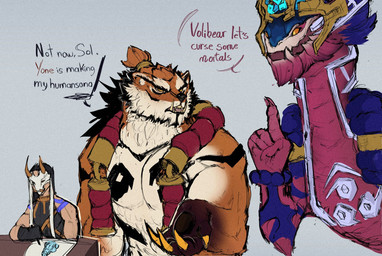 black_nose claws dialogue drawing_(action) fur group male mask multicolored_body multicolored_fur muscular muscular_male orange_body orange_fur tan_body tan_fur text trio two_tone_body two_tone_fur yellow_claws na1su league_of_legends mythology riot_games tencent aurelion_sol_(lol) volibear yone_(lol) bear dragon human mammal mythological_creature mythological_scalie scalie colored english_text hi_res