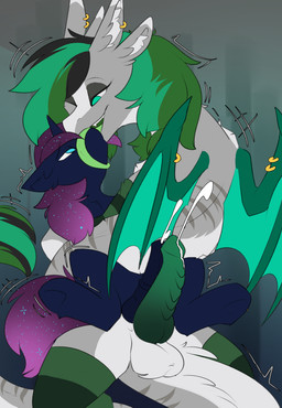 4_ears animal_genitalia animal_penis balls blue_body blue_eyes blue_fur bodily_fluids coiling cum cumshot duo ear_piercing ear_ring ejaculation equine_genitalia equine_penis erection feral frottage fur furgonomic_piercing furgonomics genital_fluids genitals green_eyes green_hair green_membrane green_tongue grey_body grey_fur hair horn male male/male medial_ring membrane_(anatomy) membranous_wings multi_ear penile penis penises_touching piercing purple_hair ridged_penis ring_piercing sex tongue wing_piercing wings beardie_(artist) hasbro my_little_pony mythology fan_character geo_(geoplix) osiris_eclipse chimera draconequus equid equine mammal mythological_creature mythological_equine unicorn absurd_res hi_res