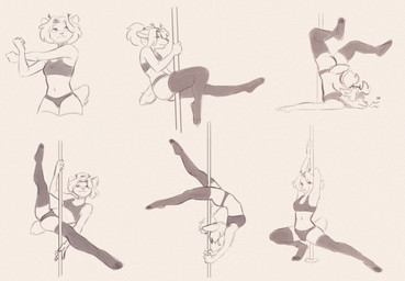 anthro bra clothing faceplant female legwear pole solo stockings stretching stripper_pole thong underwear merlinmakes cervine deer mammal 2021 absurd_res hi_res monochrome sketch
