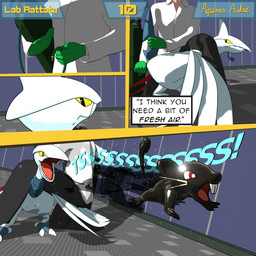 air_hose ambiguous_gender ambiguous_penetration bodily_fluids clothed clothing dialogue dialogue_box feral gas_cylinder gloves group handwear holding_tail latex latex_clothing latex_skinsuit nervous onomatopoeia open_mouth page_number penetration red_eyes saliva skinsuit sound_effects tail teeth text tight_clothing trio vore wings yellow_eyes aquinas_audax nintendo pokemon avian bird generation_1_pokemon generation_2_pokemon human mammal murid murine pokemon_(species) rat rattata rodent skarmory 1:1 3d_(artwork) absurd_res comic digital_media_(artwork) english_text hi_res signature