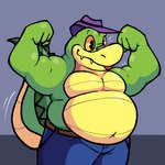 anthro belly big_belly biped blush clothed clothing flexing green_body hat headgear headwear male musclegut muscular overweight overweight_male solo tongue tongue_out topless gmzdrawsmen brok_the_investigator cowcat_games brok_(brok_the_investigator) alligator alligatorid crocodilian reptile scalie 1:1 2024 hi_res