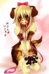 accessory anthro biped blonde_hair blush bodily_fluids bow_(feature) bow_accessory bow_ribbon breast_squish breasts brown_body brown_eyes brown_fur claws collar feet female fur hair hair_accessory hair_bow hair_ribbon hindpaw leash looking_at_viewer paws ribbons sad short_hair sitting solo squish tears text young young_anthro young_female tetetor-oort marie_(tetetor-oort) canid canine canis domestic_dog mammal japanese_text translated