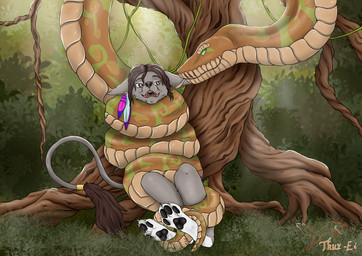 anthro asphyxiation black_nose breath breath_play breathing brown_hair claws clenched_teeth coiling coiling_around_arm coiling_around_body coiling_around_leg coiling_around_neck coiling_around_torso duo eye_contact fangs feral forest grass grey_body hair jungle jungle_background looking_at_another male multicolored_body nature nature_background nude plant restrained restrained_arms scales teeth toe_claws tree thux-ei jade_marshall kalisster_ssin alien canid canine canis jackal mammal python reptile scalie sindaraye snake absurd_res hi_res
