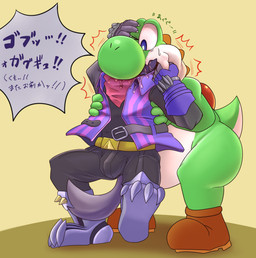 4_fingers >_o ambiguous_anthro ambiguous_gender ambiguous_pred anthro anthro_pred anthro_prey belly belt big_nose biped blue_eyes bodily_fluids boots brown_clothing brown_footwear brown_shoes bulge cheek_bulge claws clothed clothed_anthro clothed_male clothing countershade_body countershade_torso countershading dialogue dripping drooling duo finger_claws fingers footwear footwear_only fur green_arms green_body green_face green_hands grey_body grey_fur hand_on_another's_cheek hand_on_another's_face hand_on_cheek hand_on_face hands_on_sides head_first head_in_mouth head_ridge kerchief light looking_at_another looking_back looking_down looking_down_at_another male male_anthro male_prey metal_boots monotone_arms monotone_belly monotone_hands mostly_nude motion_lines neckerchief neckwear one_eye_closed open_belt oral_vore partially_inside round_nose saliva saliva_drip saliva_on_clothing saliva_on_face saliva_string same_size_vore semi-anthro shoes shoes_only simple_background soft_vore speech_bubble struggling struggling_prey swallowing swallowing_sound_effect sweat sweatdrop tapering_tail text two_tone_face unwilling_prey vore white_belly white_body white_countershading white_face wrinkles_in_clothes sabamiso_(sabamasasix) mario_bros nintendo star_fox wolf_o'donnell canid canine canis dinosaur green_yoshi mammal prehistoric_species reptile scalie wolf yoshi 2023 digital_drawing_(artwork) digital_media_(artwork) english_description hi_res japanese_description japanese_text lighting shaded translated