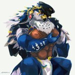 abs anthro beak blue_body blue_feathers bottomwear clothing cop_hat ear_piercing ear_ring feathers loincloth male pec_grope pecs piercing ring_piercing self_grope sitting solo spread_legs spreading tanned_skin white_body white_feathers petadodu lifewonders tokyo_afterschool_summoners horus_(tas) accipitrid accipitriform avian bird 1:1 hi_res