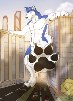 animal_genitalia anthro athletic athletic_anthro athletic_male balls black_pawpads blue_body blue_eyes blue_fur blue_hair city_destruction claws day destruction fully_sheathed fur genitals grey_claws grin group hair macro male male_anthro navel nude outside pawpads sheath short_hair smile solo_focus standing white_balls white_body white_fur white_sheath solaxe_(artist) jhusky canid canine canis domestic_dog husky mammal nordic_sled_dog spitz